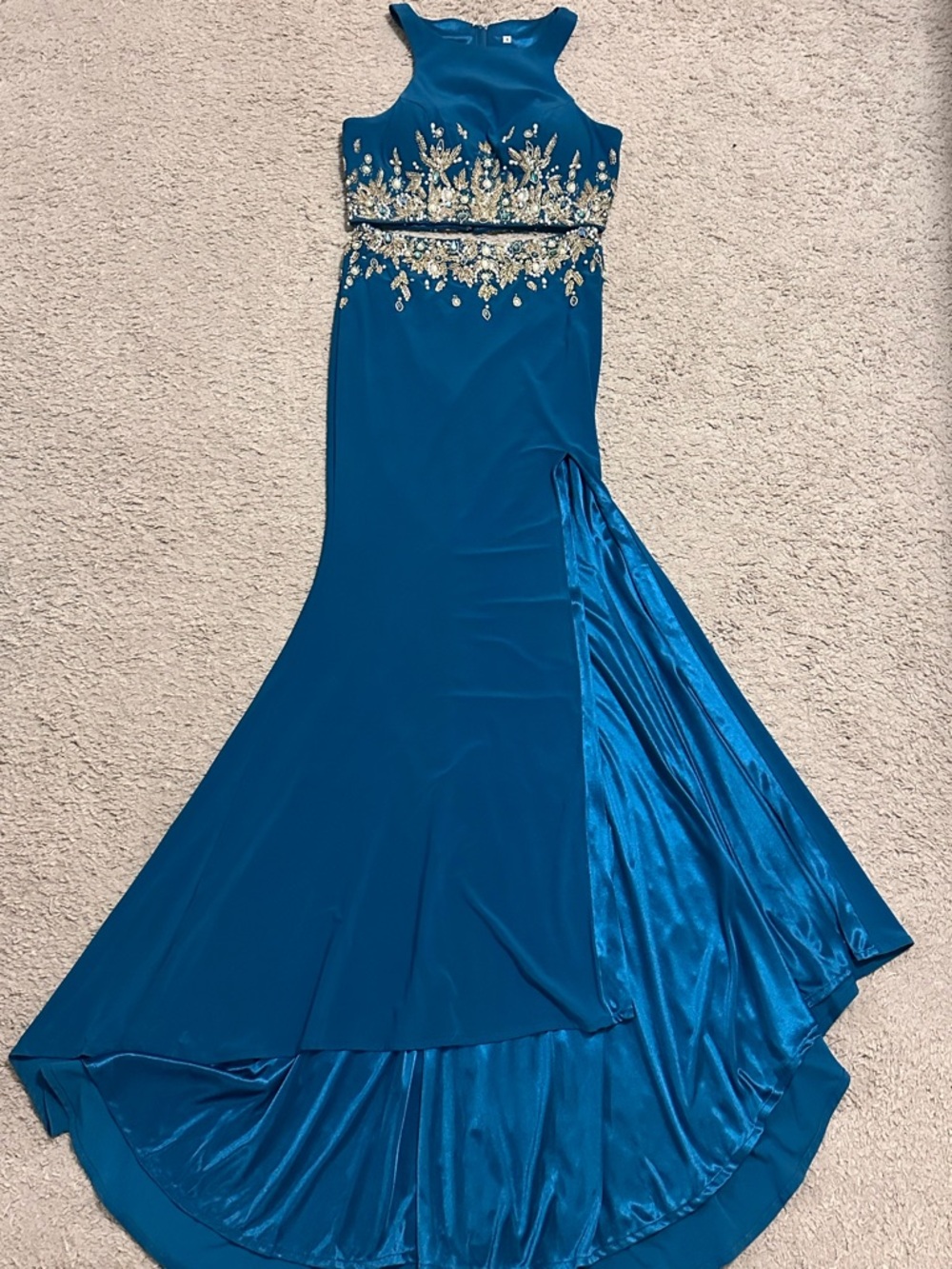 Gigi two piece crop beaded embellished long formal gown prom dress with slit 6